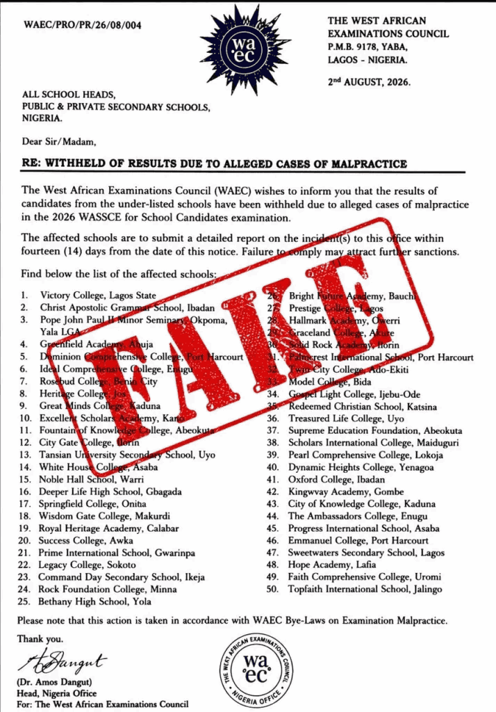 "FAKE NEWS ALERT" - WAEC Disowns List of 50 Schools with Withheld WASSCE Results