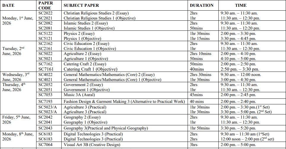 Check the Official WAEC Timetable for 2026/2027 May/June Examination