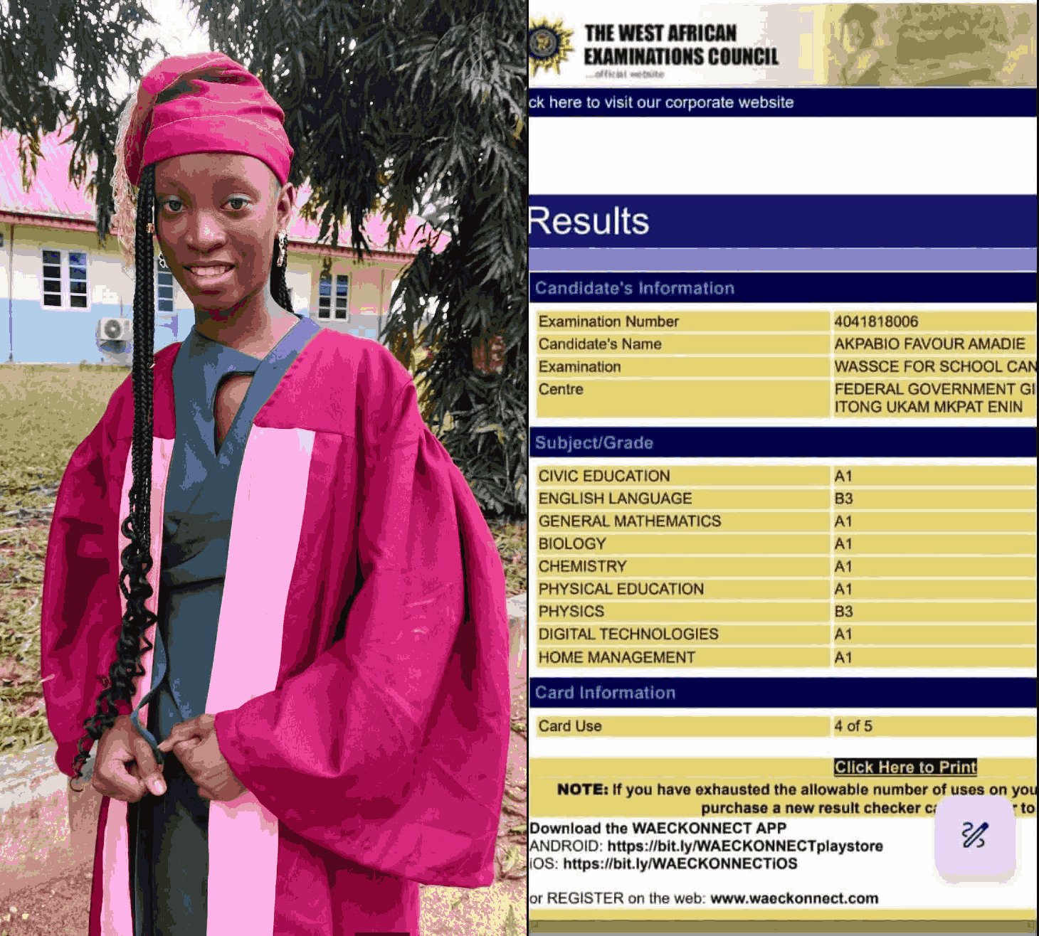 WAEC Results: Favour Amadie Akpabio Scores Seven A's in 2026 WASSCE