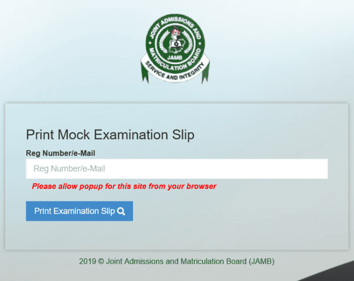 JAMB 2019 Mock Exam Slip Printing - Activated