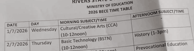 Rivers State Releases 2026 BECE Timetable for JSS3 Students in the 2026/2027 Session
