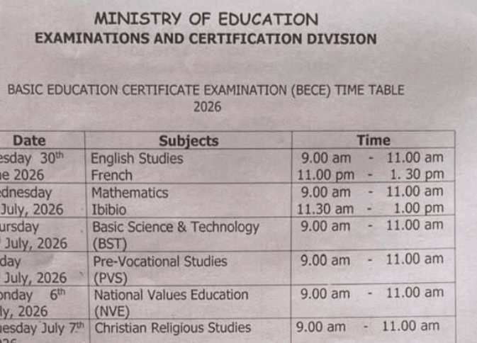 Akwa Ibom State Releases 2026 BECE Timetable for JSS3 Students